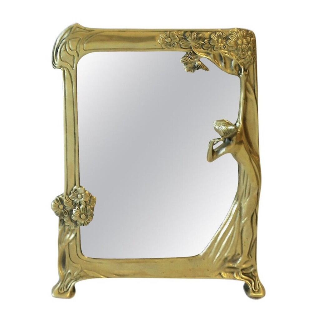 Solid Brass Art Nouveau Vanity Mirror 3D Lady In Gown Dresser Table Decor Vtg